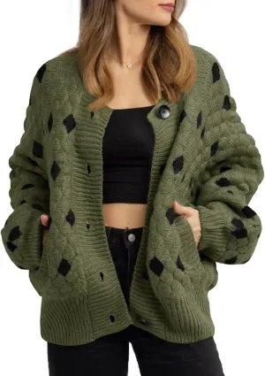 Saodimallsu Womens Chunky Cardigans Button Down Long Sleeve Open Front Plaid Knit Loose Fall Sweater Coats