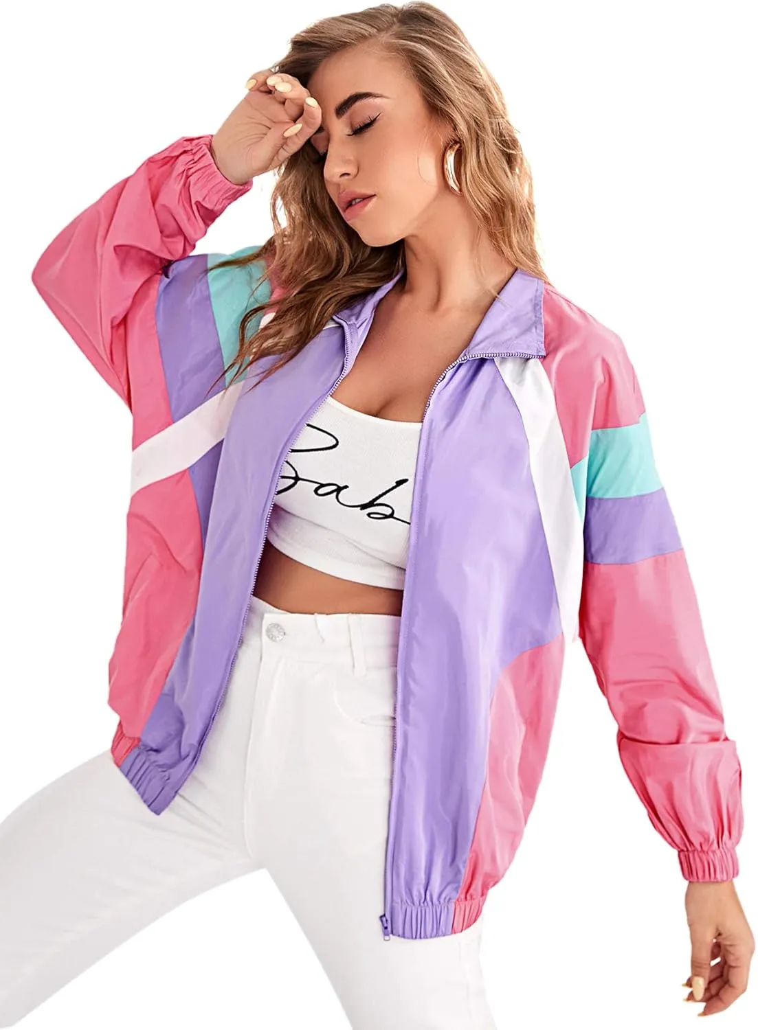 SweatyRocks Women's Casual Lightweight Color Block Bomber Jacket