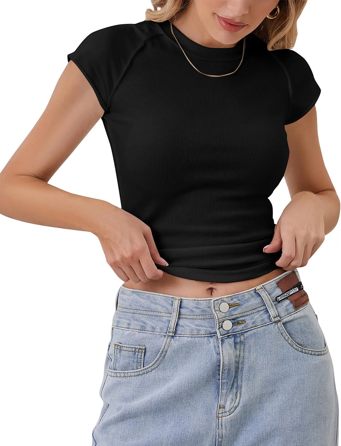 Women Basic Ribbed Knit Cap Sleeve Tops Crewneck Patchwork T Shirt Slim Fit Teen Girls Casual Summer Tee Tops