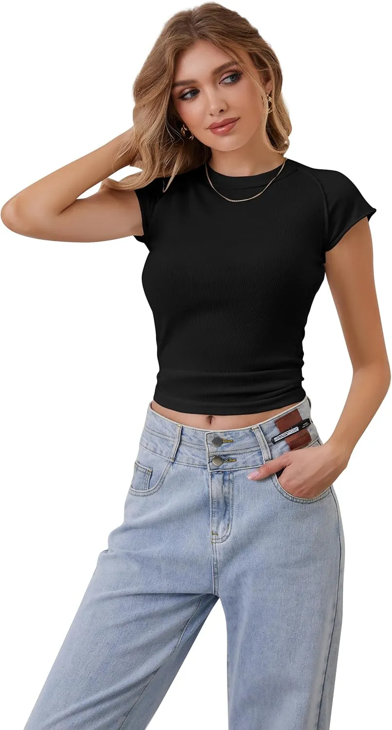 Women Basic Ribbed Knit Cap Sleeve Tops Crewneck Patchwork T Shirt Slim Fit Teen Girls Casual Summer Tee Tops