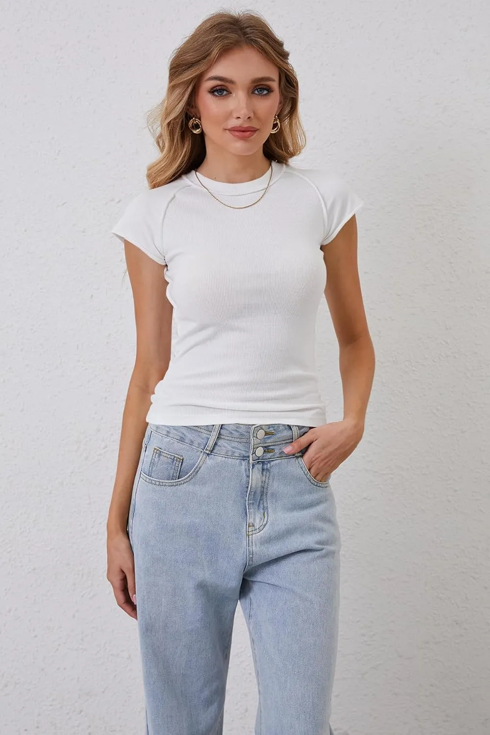 Women Basic Ribbed Knit Cap Sleeve Tops Crewneck Patchwork T Shirt Slim Fit Teen Girls Casual Summer Tee Tops