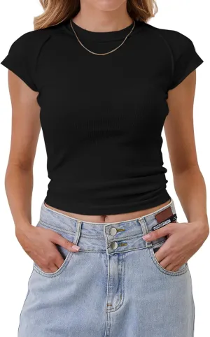 Women Basic Ribbed Knit Cap Sleeve Tops Crewneck Patchwork T Shirt Slim Fit Teen Girls Casual Summer Tee Tops
