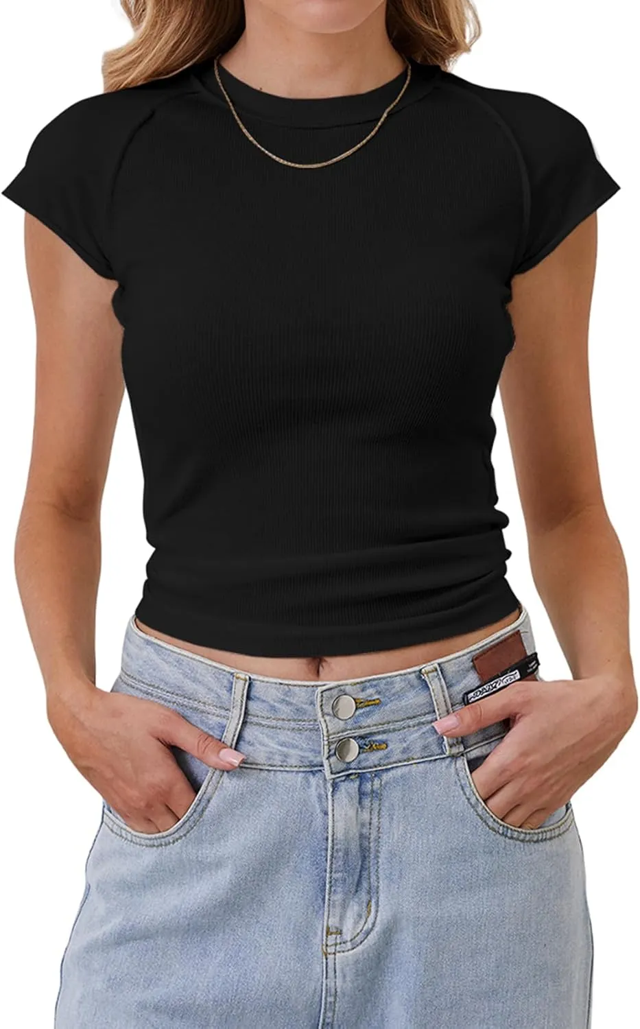 Women Basic Ribbed Knit Cap Sleeve Tops Crewneck Patchwork T Shirt Slim Fit Teen Girls Casual Summer Tee Tops
