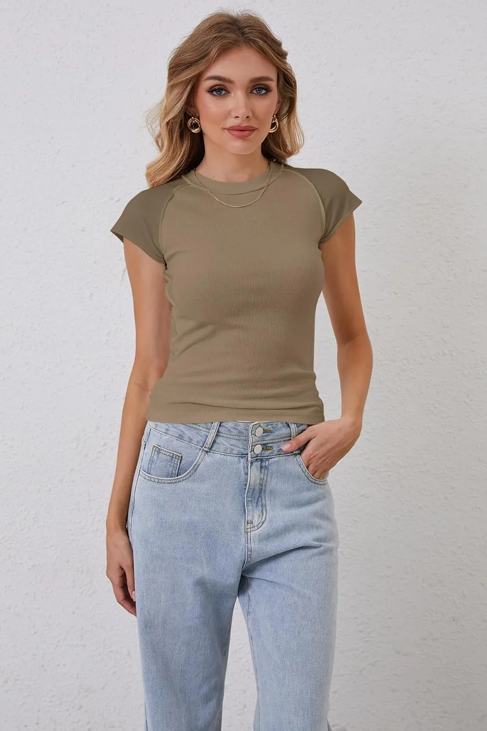 Women Basic Ribbed Knit Cap Sleeve Tops Crewneck Patchwork T Shirt Slim Fit Teen Girls Casual Summer Tee Tops