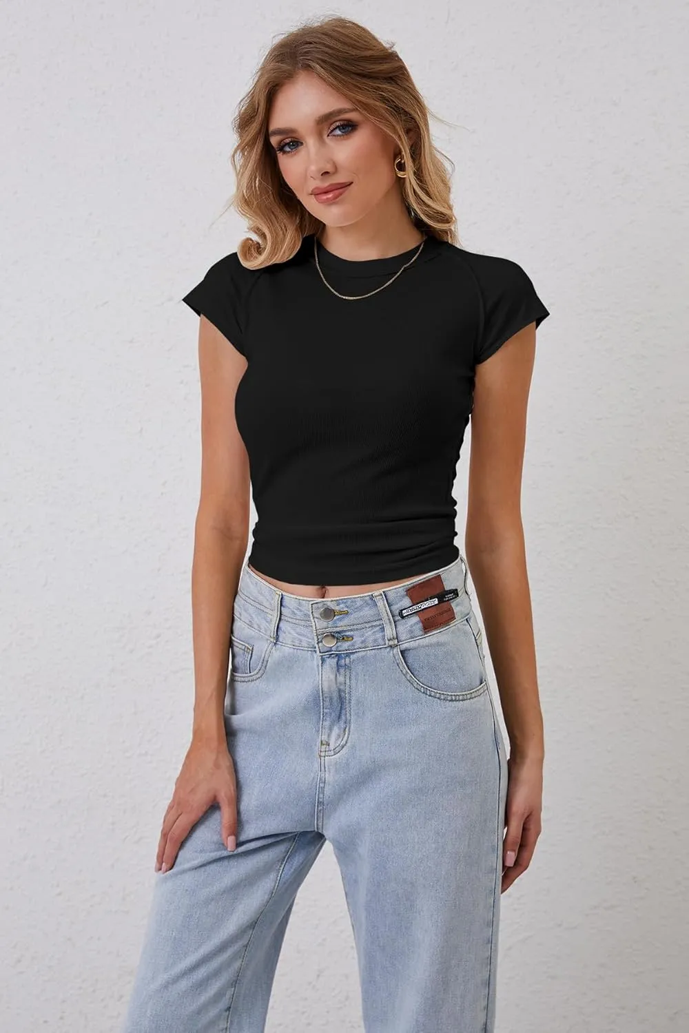 Women Basic Ribbed Knit Cap Sleeve Tops Crewneck Patchwork T Shirt Slim Fit Teen Girls Casual Summer Tee Tops