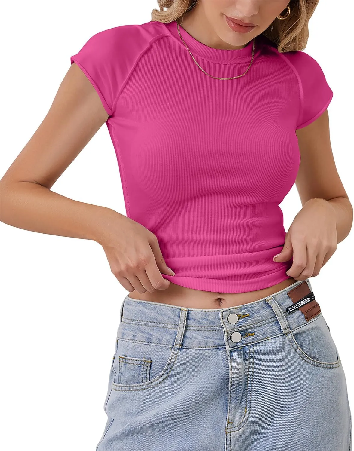 Women Basic Ribbed Knit Cap Sleeve Tops Crewneck Patchwork T Shirt Slim Fit Teen Girls Casual Summer Tee Tops