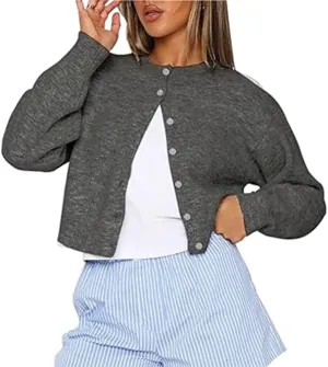 Women Y2k Crop Cardigan Sweater Crop Button Down Cardigan Cute Long Sleeve Sweater Open Front Lightweight Knit Tops