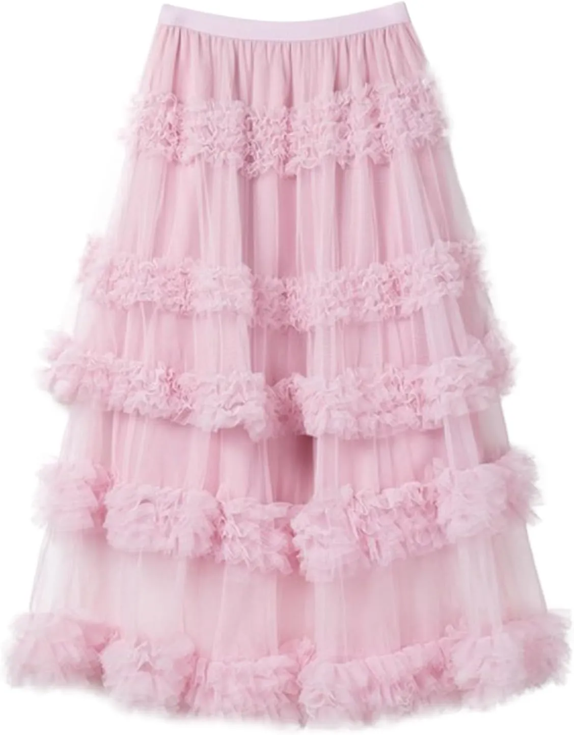 Women's A-Line Fairy Elastic Waist Tulle Midi Skirt High Waisted Slimming Peplum Mesh Skirt Fairy Long Skirt