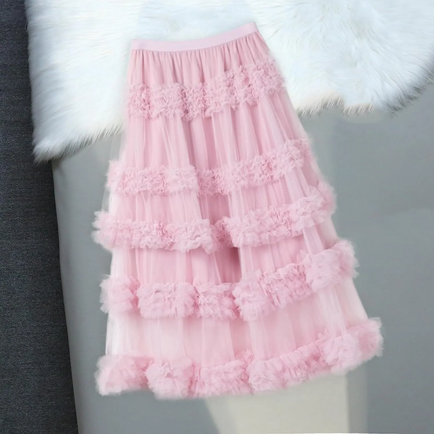 Women's A-Line Fairy Elastic Waist Tulle Midi Skirt High Waisted Slimming Peplum Mesh Skirt Fairy Long Skirt