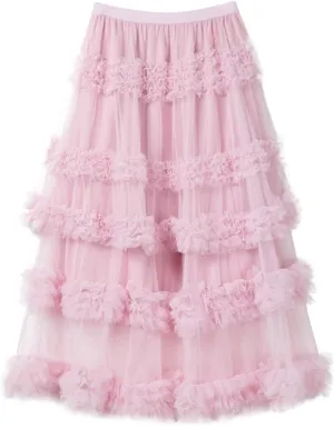 Women's A-Line Fairy Elastic Waist Tulle Midi Skirt High Waisted Slimming Peplum Mesh Skirt Fairy Long Skirt