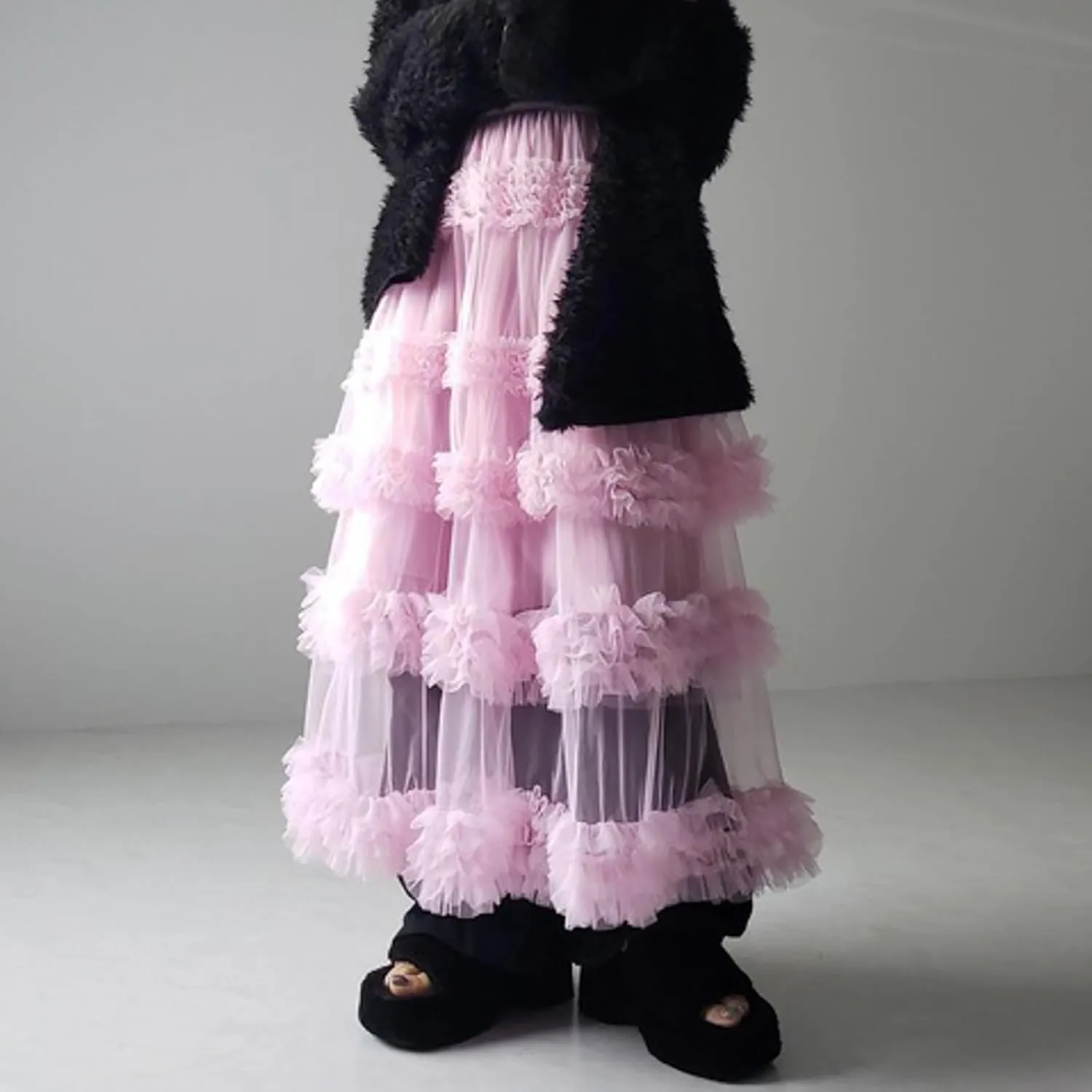 Women's A-Line Fairy Elastic Waist Tulle Midi Skirt High Waisted Slimming Peplum Mesh Skirt Fairy Long Skirt