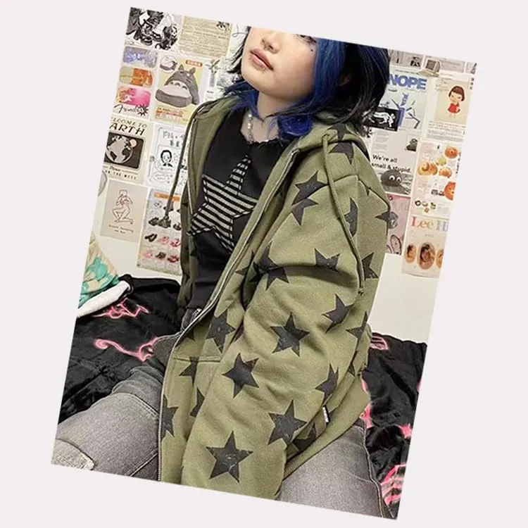 yamerbo Vintage Y2K Clothes Emo Zip Up Hoodie Long Sleeve Oversized Hooded Sweatshirt Harajuku Aesthetic Streetwear Jacket