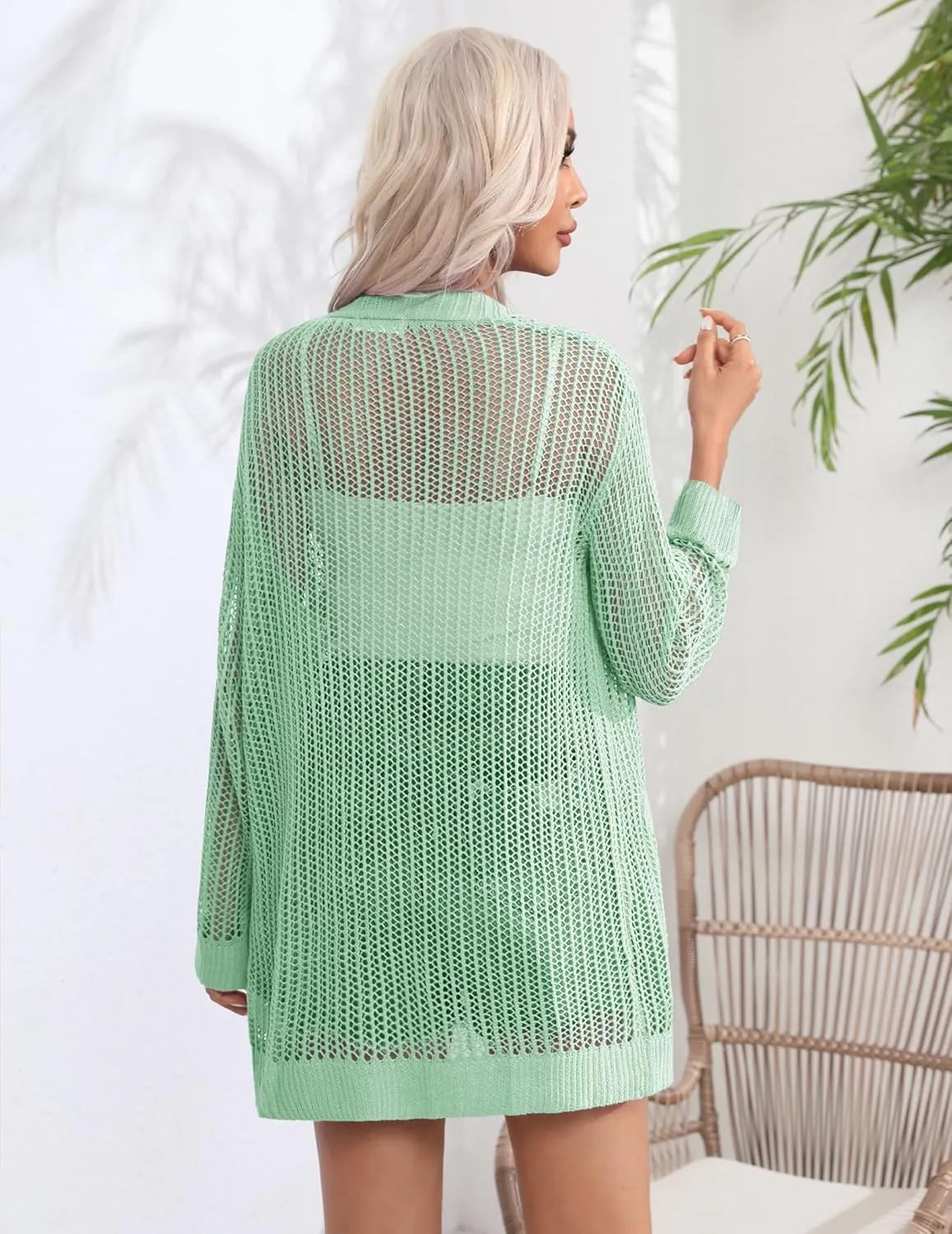 Zeagoo Women 2025 Lightweight Crochet Cardigan Long Sleeve Open Front Knit Sweater Summer Kimono Cover Up with Pockets
