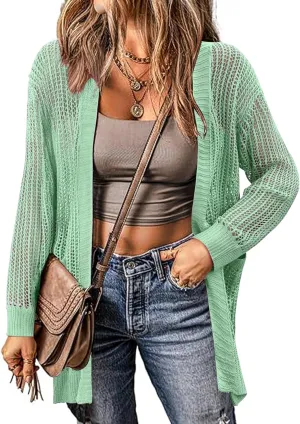 Zeagoo Women 2025 Lightweight Crochet Cardigan Long Sleeve Open Front Knit Sweater Summer Kimono Cover Up with Pockets